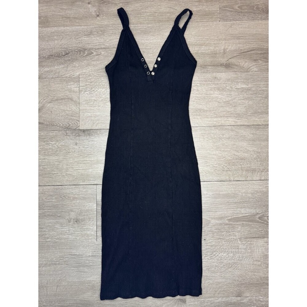 Ribbed Bodycon Midi Dress Snap Front Black Small